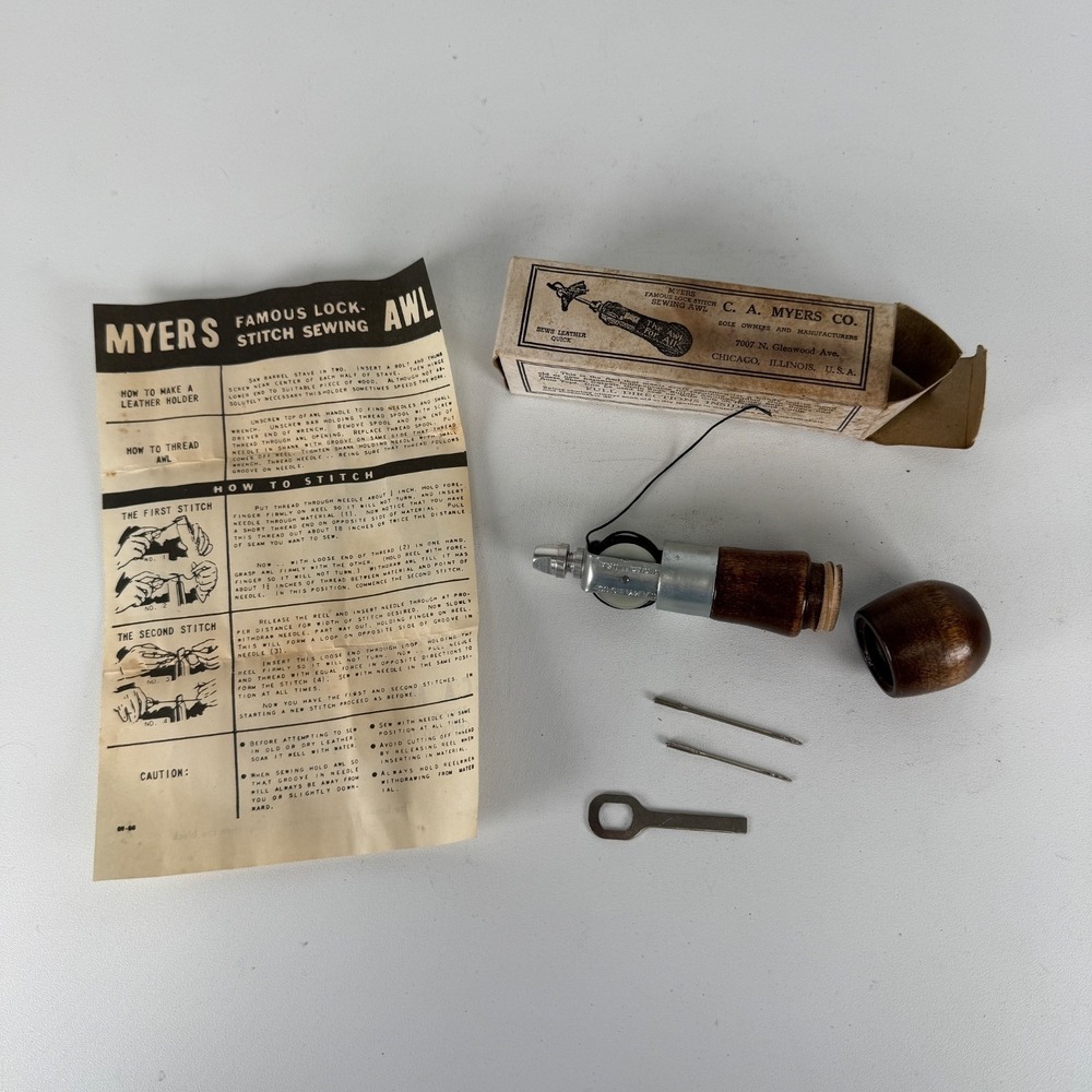 Vintage C.A. Myers Co. Sewing Awl w/ Box Instructions & Attachments Pat. 2060349